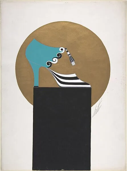 Turquoise Pump with Black ans White Striped Toe for Delman's Shoes, New York — Erté (Romain de Tirtoff)