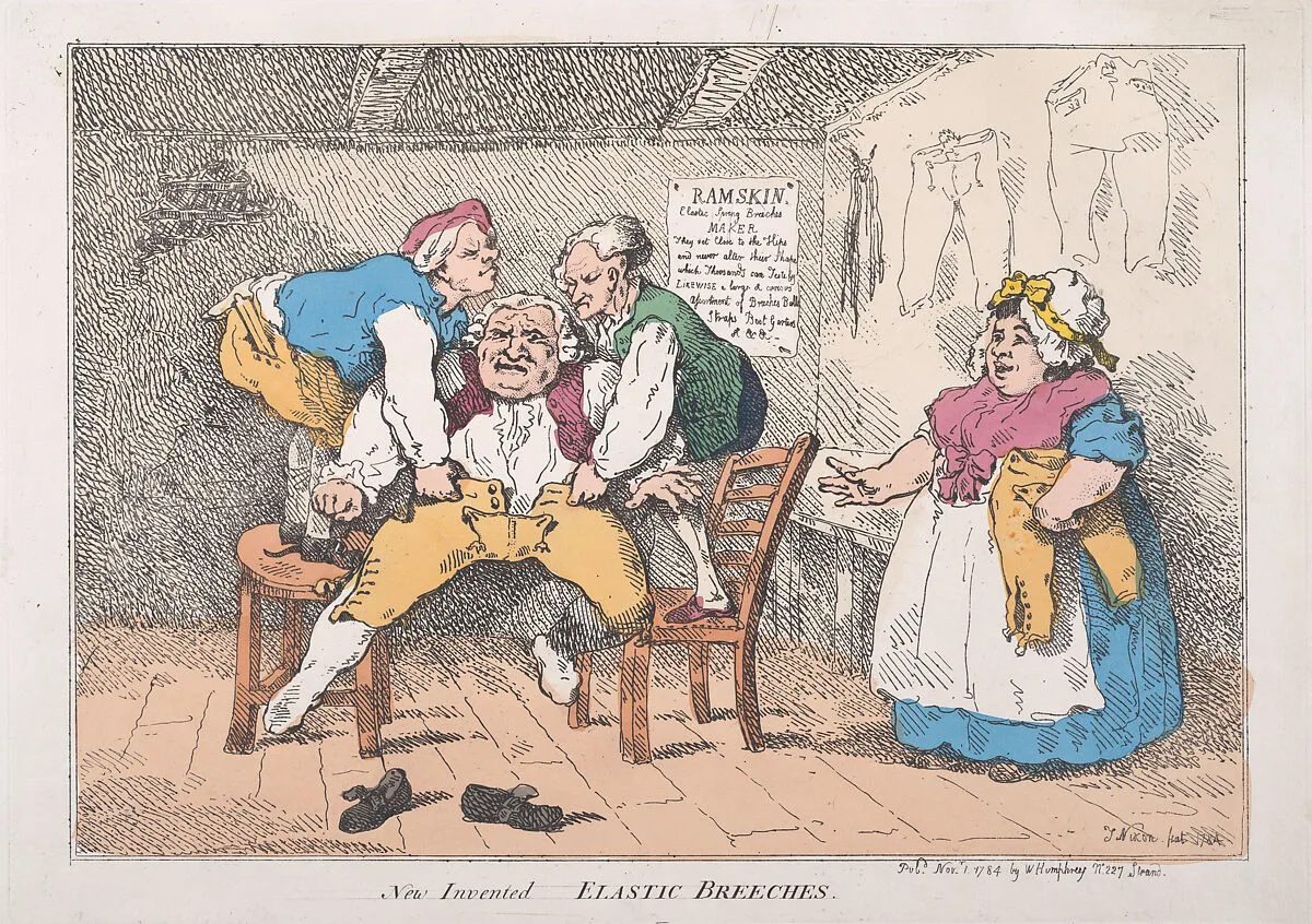 New Invented Elastic Breeches — John Nixon|William Humphrey|Thomas Rowlandson