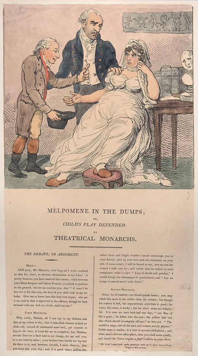 Melpomene in the Dumps, or Child's Play Defended by Theatrical Monarchs — John Philip Kemble|Rudolph Ackermann, London|Sarah Siddons|Thomas Rowlandson|D. N. Shury