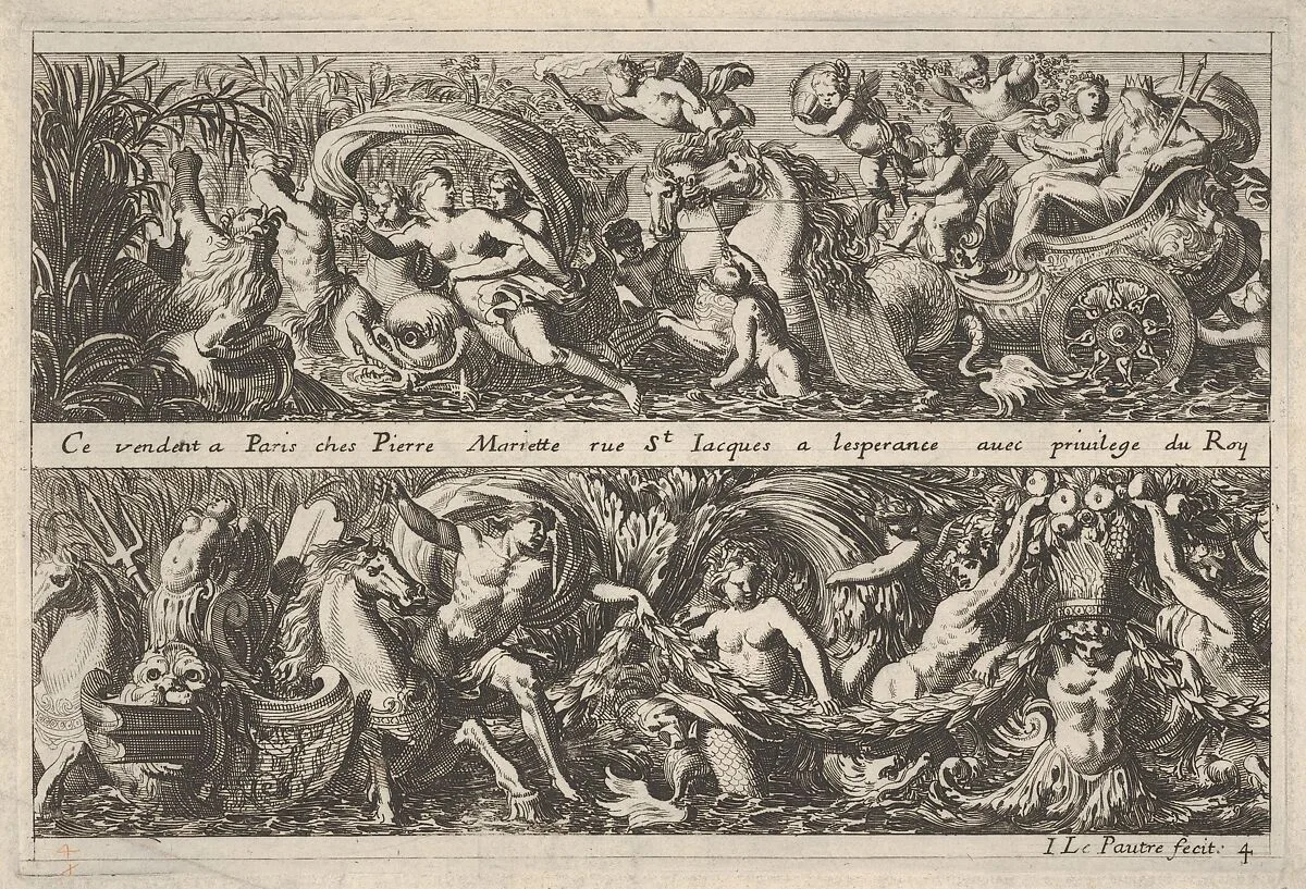 Two Designs for Frieze Decorations with Sea Creatures, of which one with Neptune and Amphitrite, from: Frises, feuillages ou tritons marins antiques et modernes — Jean Le Pautre|Pierre Mariette le fils