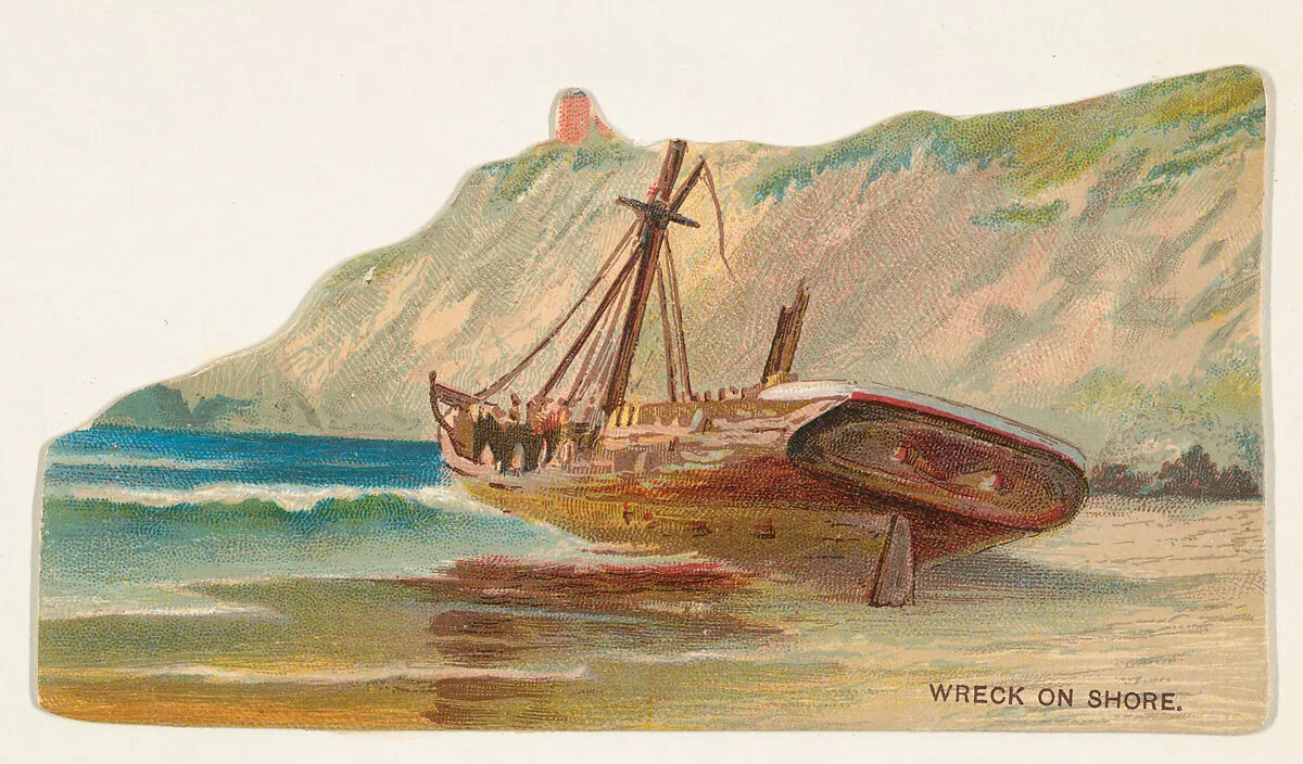 Wreck on Shore, from the Types of Vessels series (N139) issued by Duke Sons & Co. to promote Honest Long Cut Tobacco — Giles|Knapp & Company|W. Duke, Sons & Co.