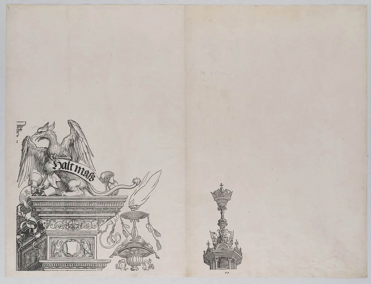 The Ornaments Atop the Right Portal, from the Arch of Honor, proof, dated 1515, printed 1517-18 — Hieronymus Andreae|Albrecht Dürer|Hans Springinklee|Albrecht Altdorfer