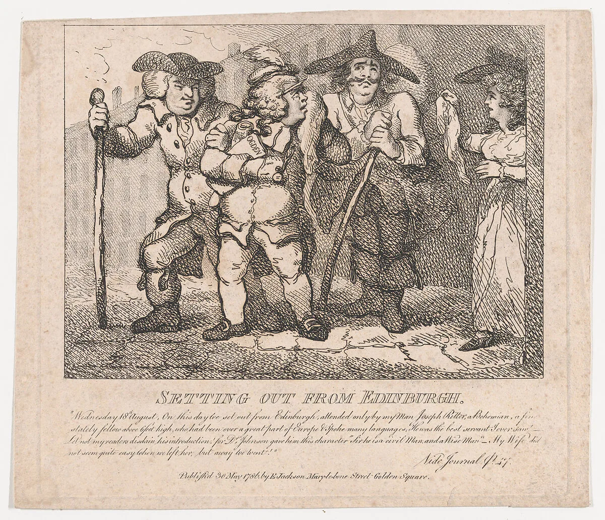 Setting out from Edinburgh (Picturesque Beauties of Boswell, Part the Second) — Thomas Rowlandson|Samuel Collings|Samuel Johnson|James Boswell|Elizabeth Jackson