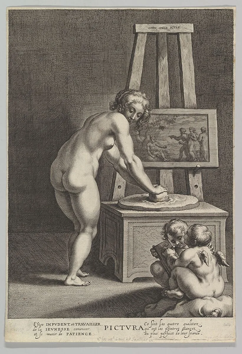 Pictura: allegory of painting, with a nude woman at center grinding pigments, two putti drawing at lower right — Cornelis Galle I|Peter Paul Rubens