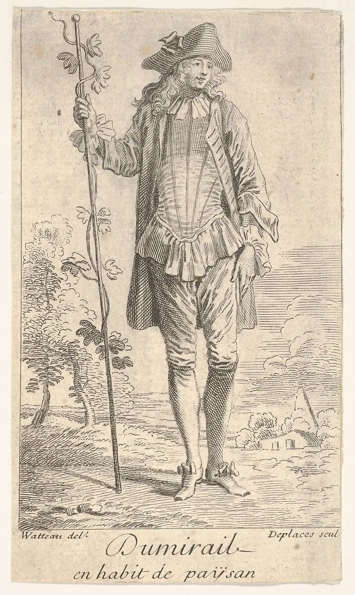 Man in tricorn hat and overcoat, shown in frontal view and holding a staff with a winding vine, landscape with trees beyond — Antoine Watteau|Louis Desplaces