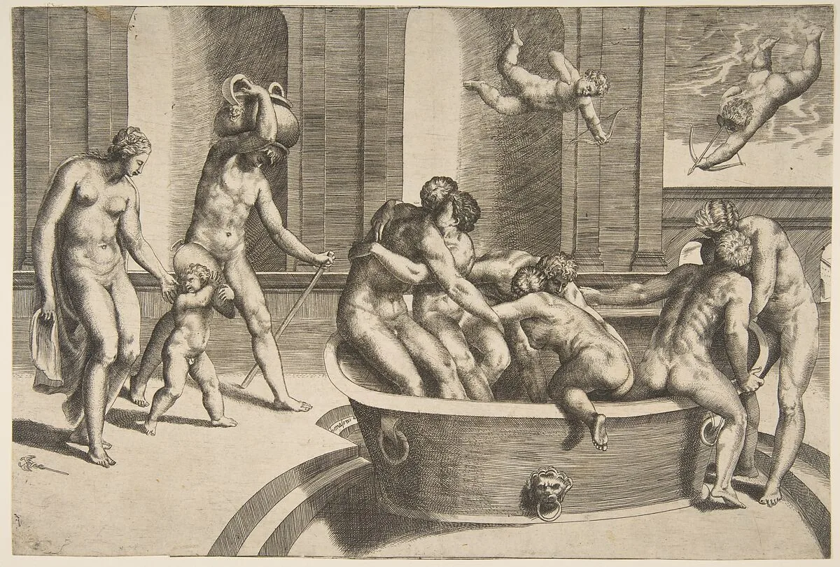 Men and women bathing, some embracing — Giulio Bonasone
