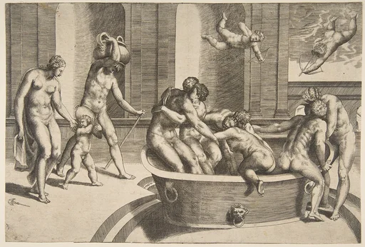 Men and women bathing, some embracing
