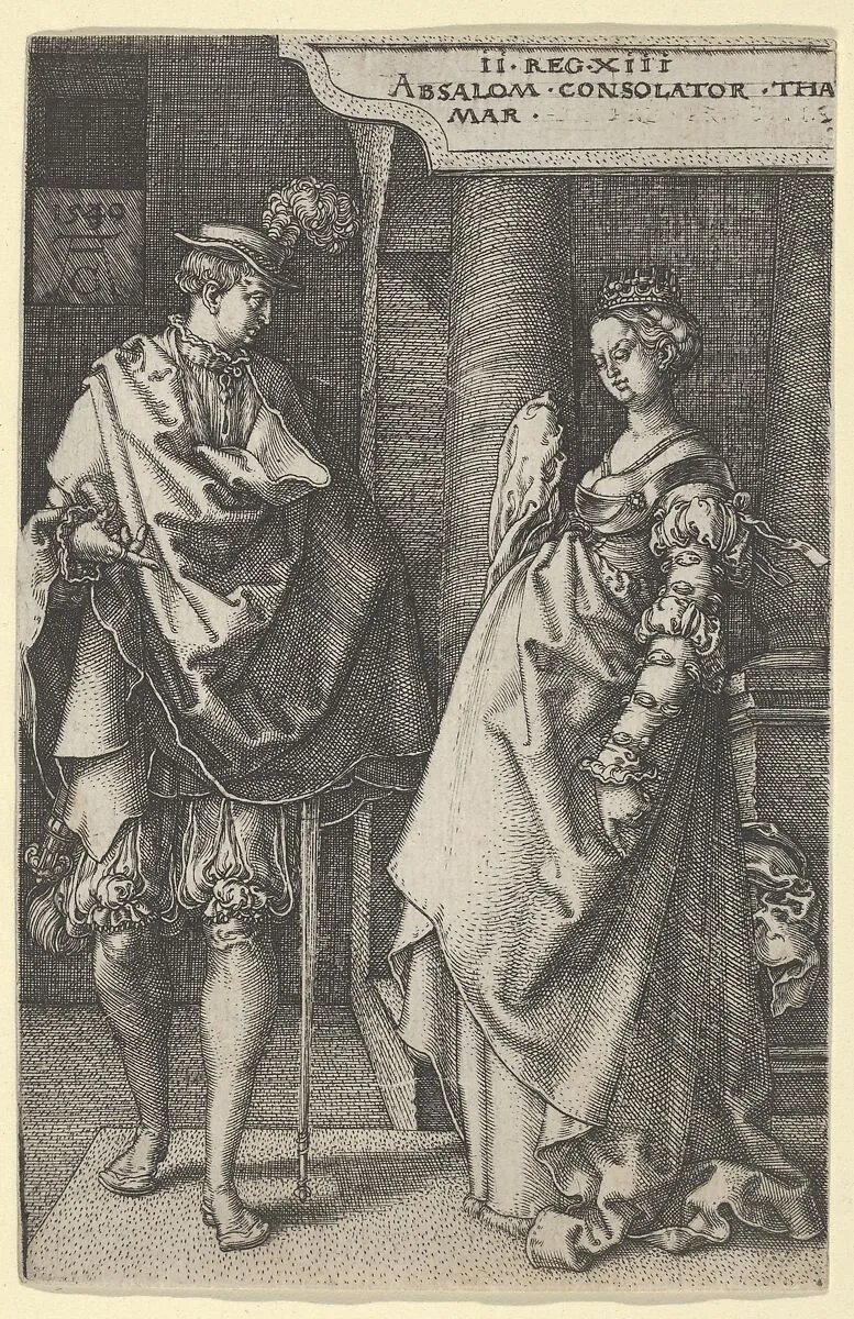 Absalom Comforting Tamar, from "The Story of Amnon and Tamar" — Heinrich Aldegrever