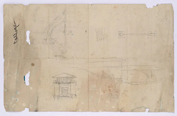 Blueprint of Plan for Cottage for Mr. F. W. Little, Northome, Lake Minnetonka. Verso - Elevation and four sketches for Little House, Wayzata, Minnesota — Frank Lloyd Wright