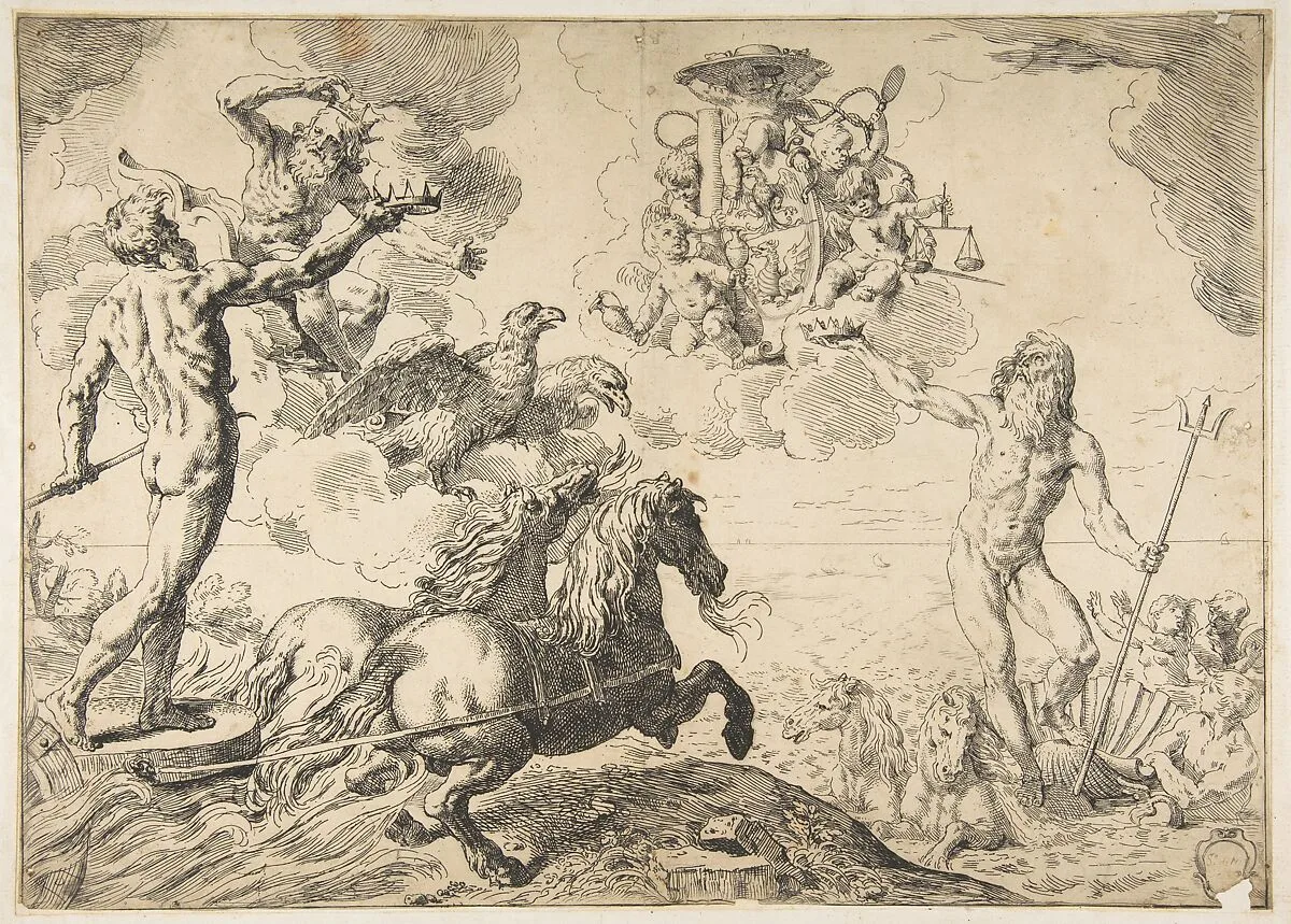 Jupiter, Neptune, and Pluto offering their crowns to the arms of Cardinal Borghese — Simone Cantarini