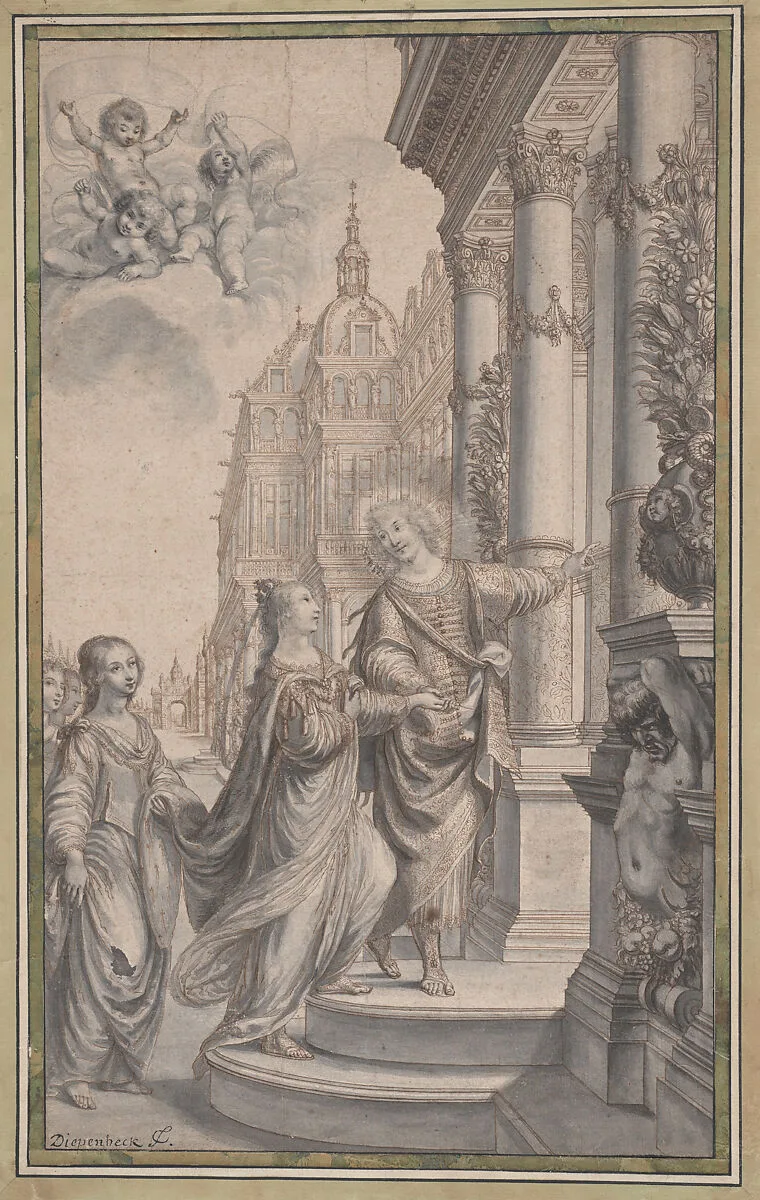 Design for a Frontispiece: A Man Guiding a Crowned Woman and her Attendants to the Entrance of a Palace — Grégoire Huret