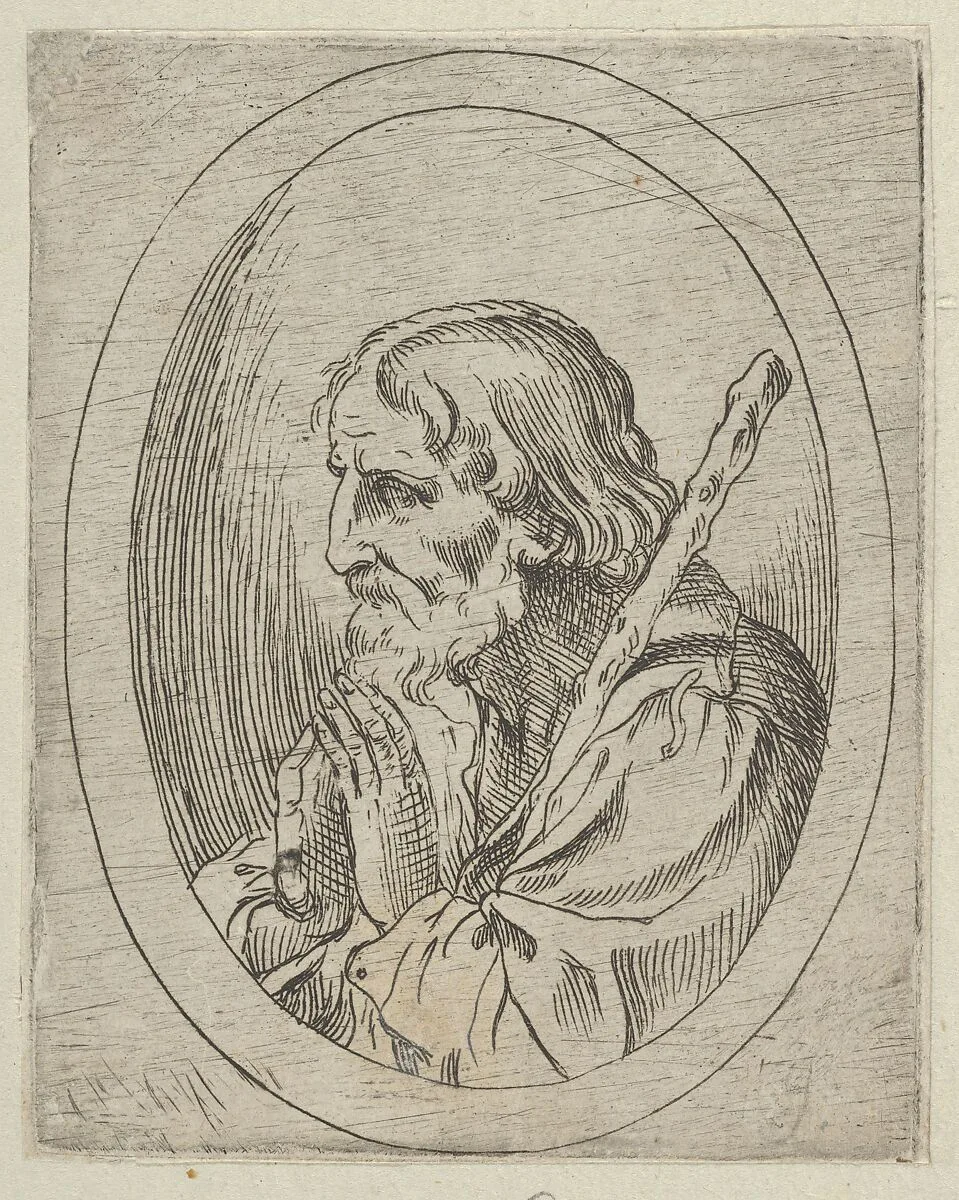 Saint Jude in prayer, seen in profile facing left with a staff resting on his shoulder, in an oval frame, from "Christ, the Virgin, and Thirteen Apostles" — Anonymous, 17th century|Guido Reni