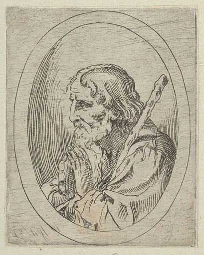 Saint Jude in prayer, seen in profile facing left with a staff resting on his shoulder, in an oval frame, from "Christ, the Virgin, and Thirteen Apostles"