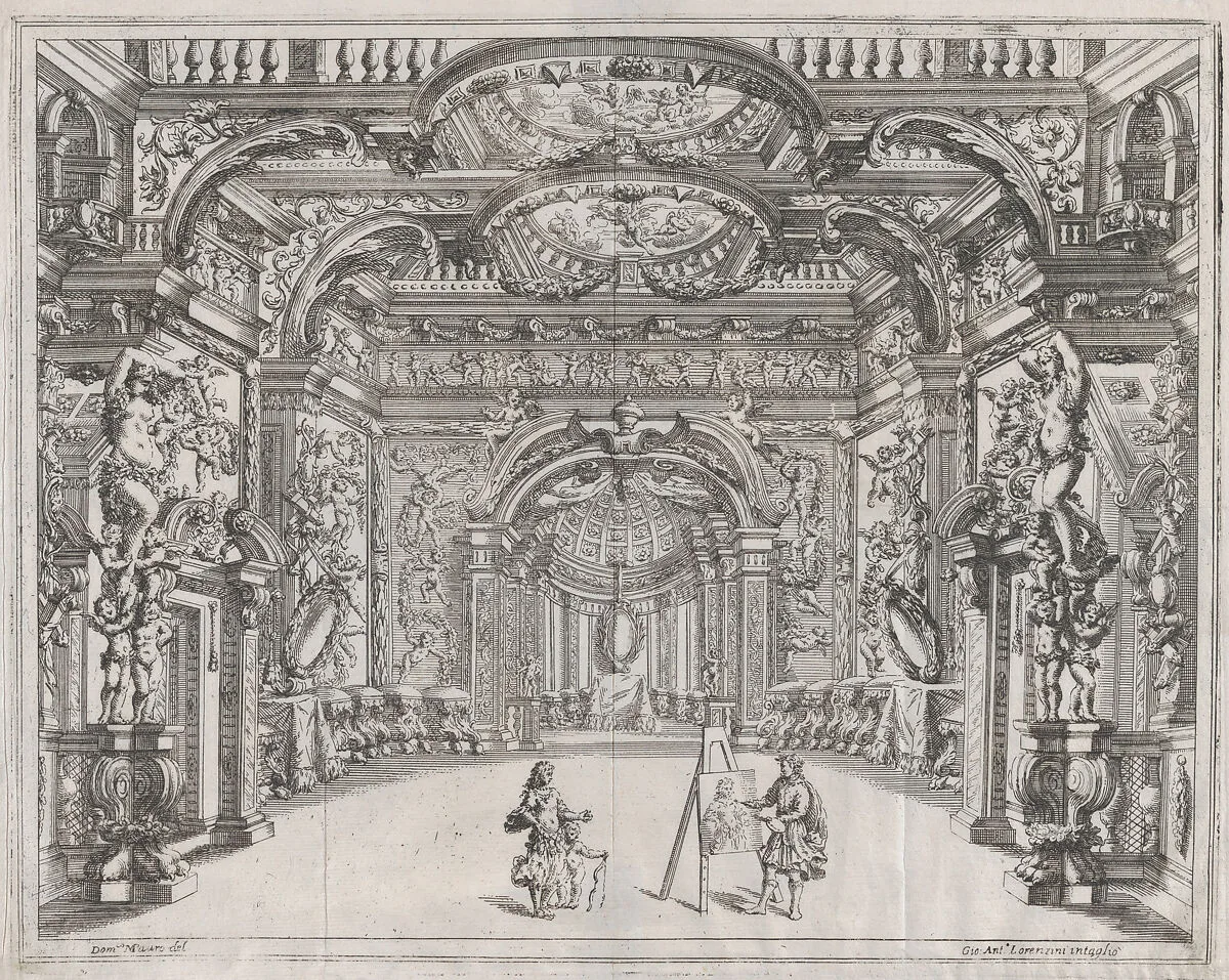 Stage set with an artist painting Venus and Cupid; from Aurelio Aureli, 'Il Favore De Gli Dei' — Gianantonio Lorenzini|Aurelio Aureli|Domenico Mauro
