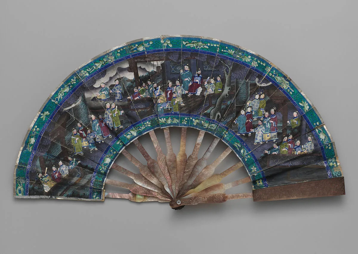 Folding Fan with Scene of Figures in a Courtyard Garden — Unknown