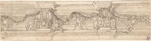 Frieze with Consoles, Putti, and Garlands (Recto); Fragment of Architectural design (Verso)
