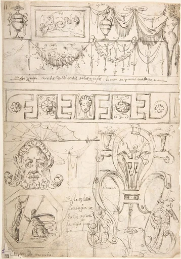 Three sections (recto); uppermost with a Term and garlands; middle section geometric band; bottom section grotesques and strapwork; (verso) Term with a marine creature and putto