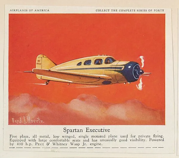Spartan Executive, collector card from the Airplanes of America series (D2), issued by the Kelley Baking Company to promote Kelley's Bread — Kelley Baking Company