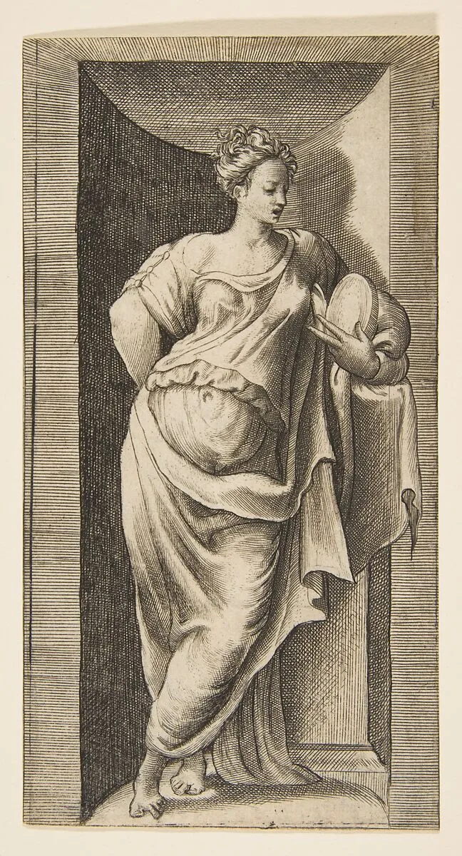A muse standing in a niche, left arm resting in a ledge — Giulio Bonasone