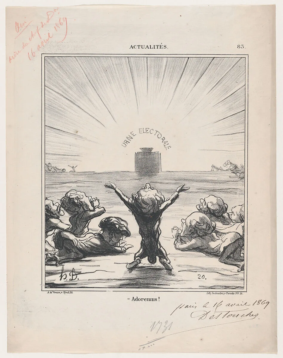 We worship you, beloved voter, from 'News of the day,' published in Le Charivari, May 5, 1869 — Destouches|Honoré Daumier|Arnaud de Vresse