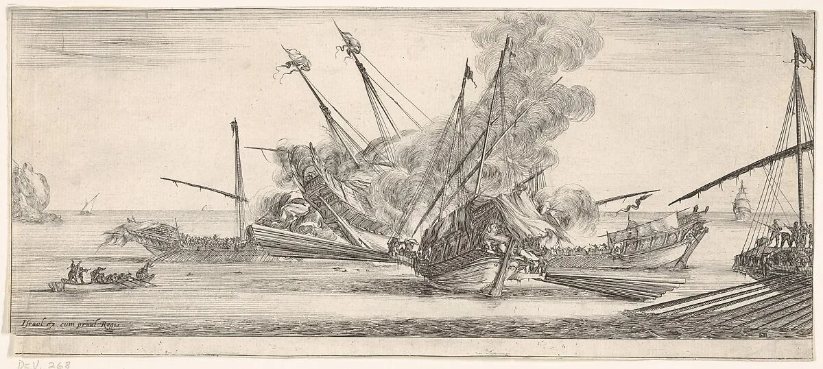 Naval combat, a ship at center, seen from behind, firing at four enemy ships, another ship entering from the right, a rowboat with nine people to left, from 'Peace and War' (Divers desseins tant pour la paix que pour la guerre) — Stefano della Bella|Israël Henriet