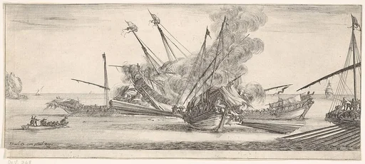Naval combat, a ship at center, seen from behind, firing at four enemy ships, another ship entering from the right, a rowboat with nine people to left, from 'Peace and War' (Divers desseins tant pour la paix que pour la guerre)