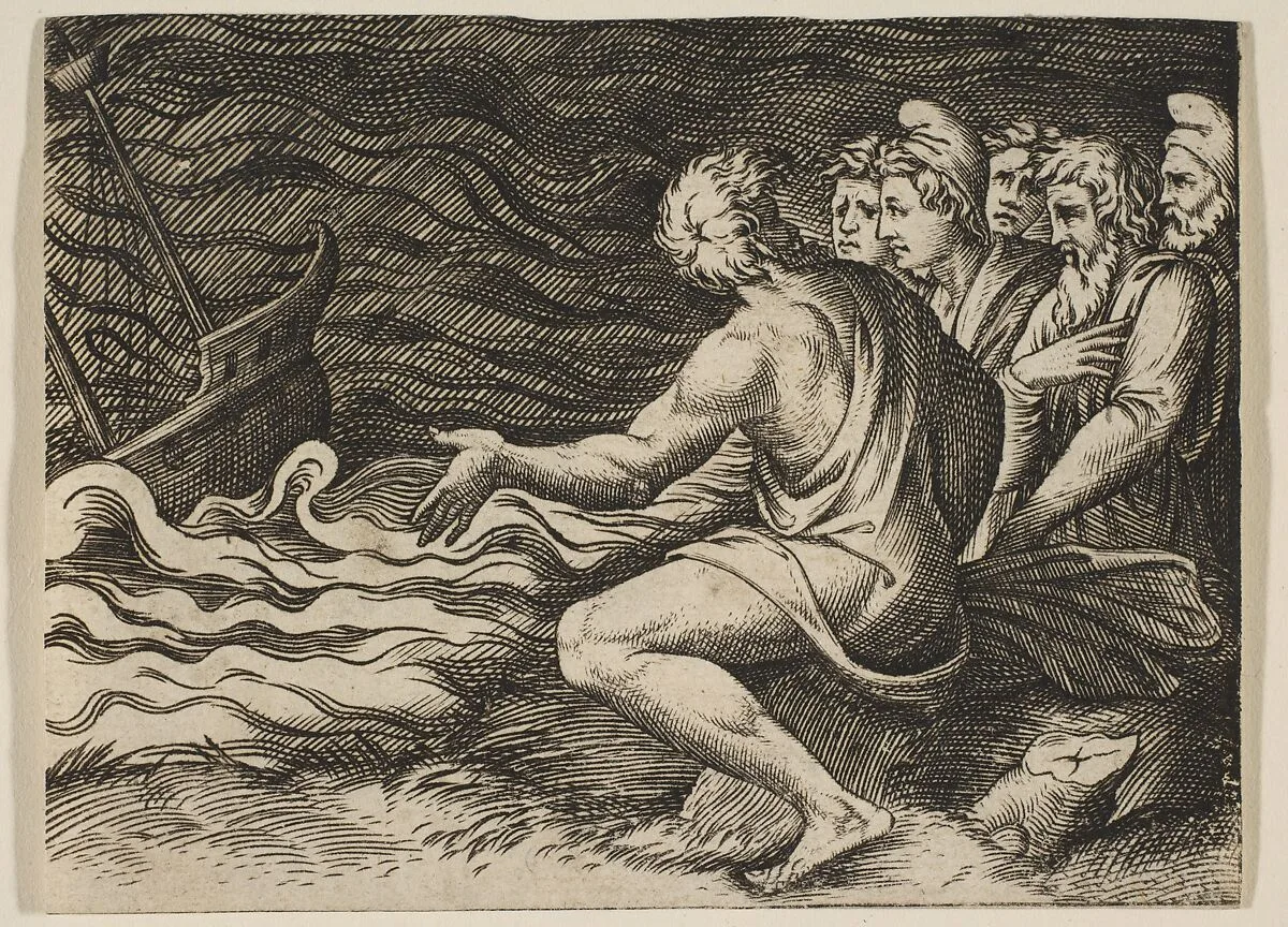 A group of figures at right witnessing a shipwreck — Marco Dente|Francesco Salviati (Francesco de' Rossi)