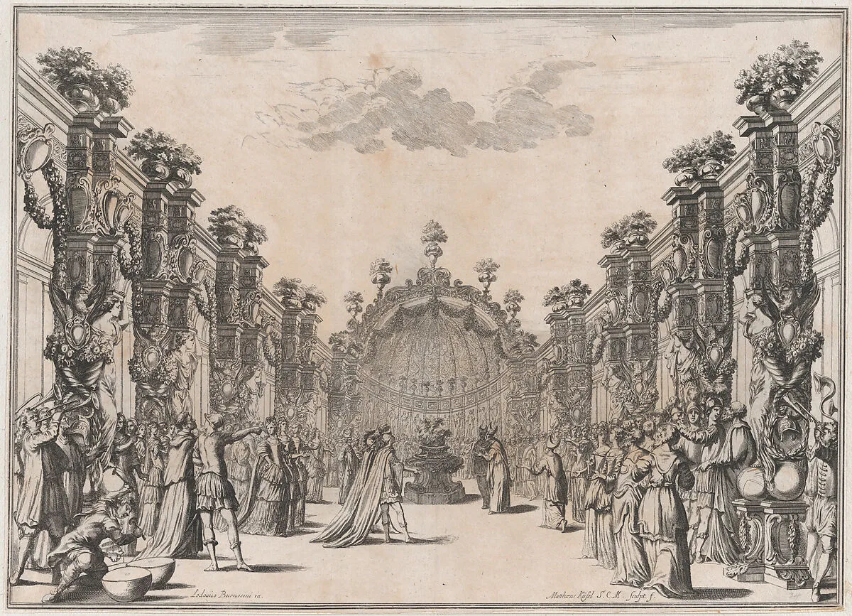 A large group gathered in a courtyard before a domed structure; musicians play at left; set design from 'Il Fuoco Eterno' — Ludovico Ottaviano Burnacini|Mathäus Küsel