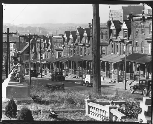 [View Down East 4th Street with Houses and Parked Cars, From St. Michael's Graveyard, Bethlehem, Pennsylvania]