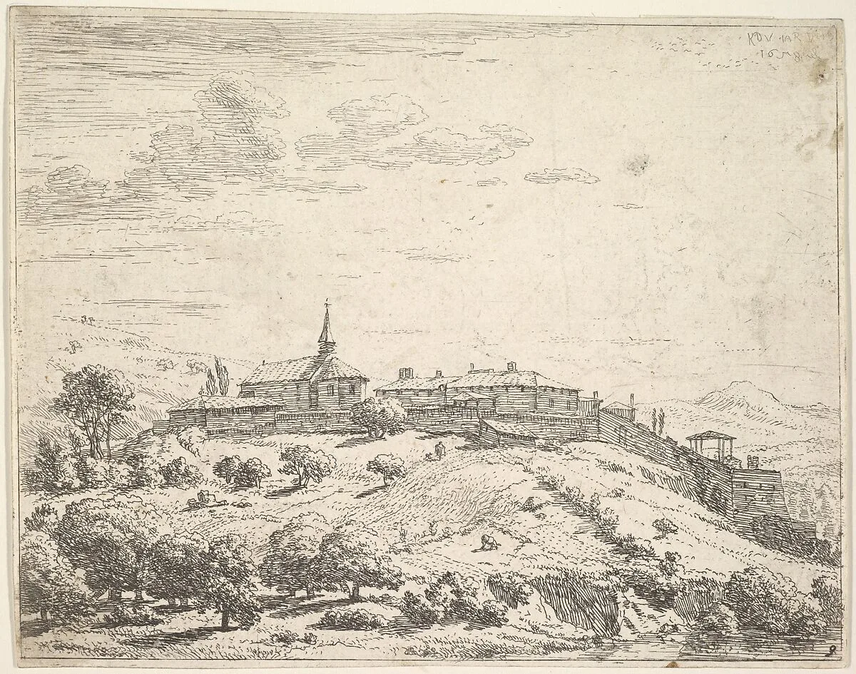 Walled village on a hill, with church at left and buildings constructed on the downslope at right, trees and hillside in the foreground — Karel Dujardin