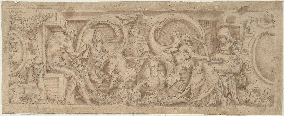 Figures, Horses, and Sphinx Entwined in Foliage and Strapwork — Anonymous, German, 19th century