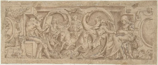 Figures, Horses, and Sphinx Entwined in Foliage and Strapwork