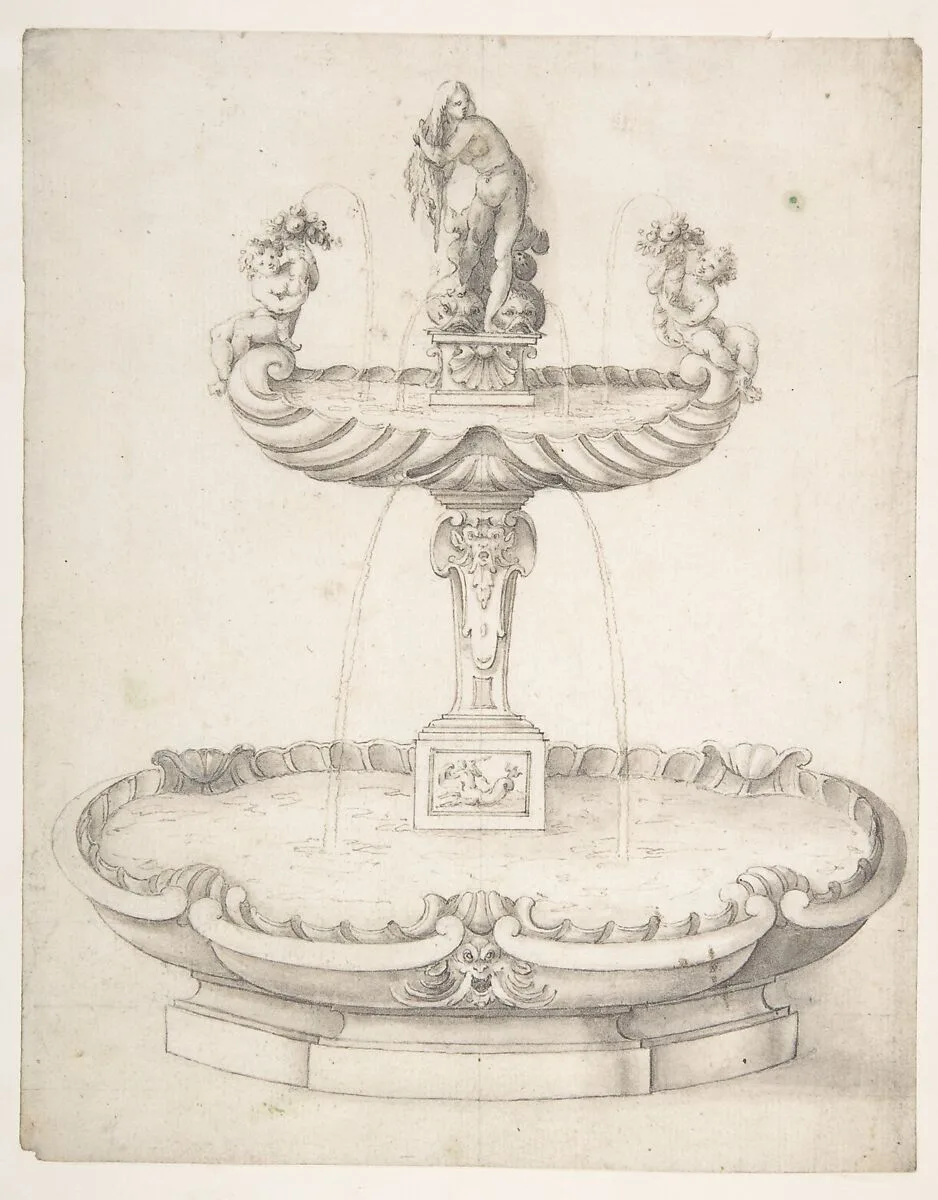 Design for a Fountain with Two Basins One on Top of the Other and Statues of Venus and Putti on the Top. — Francesco Fanelli