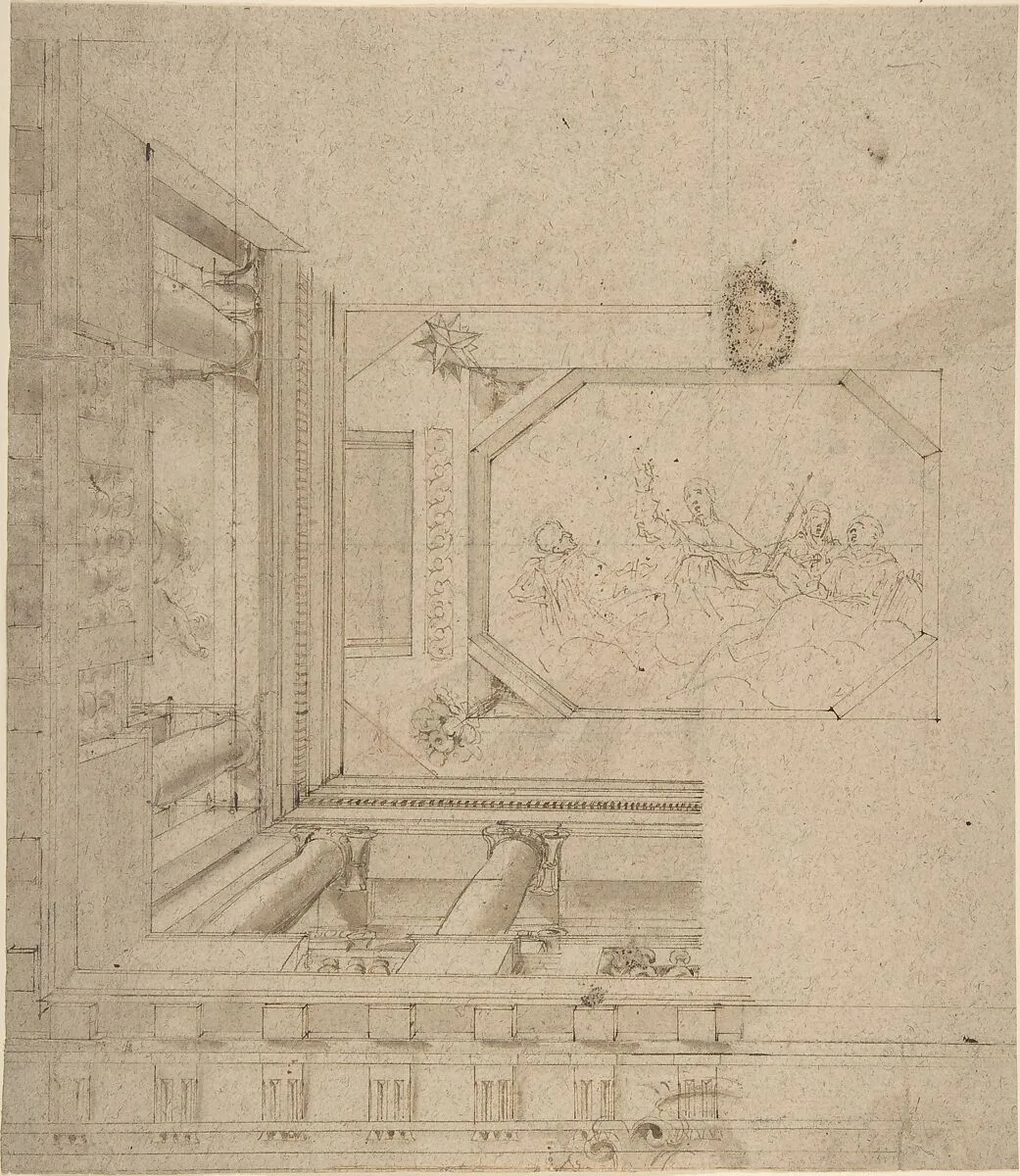 Architectural Elevation, Part of a Ceiling and Balustrade — Anonymous, Italian, 17th or 18th century