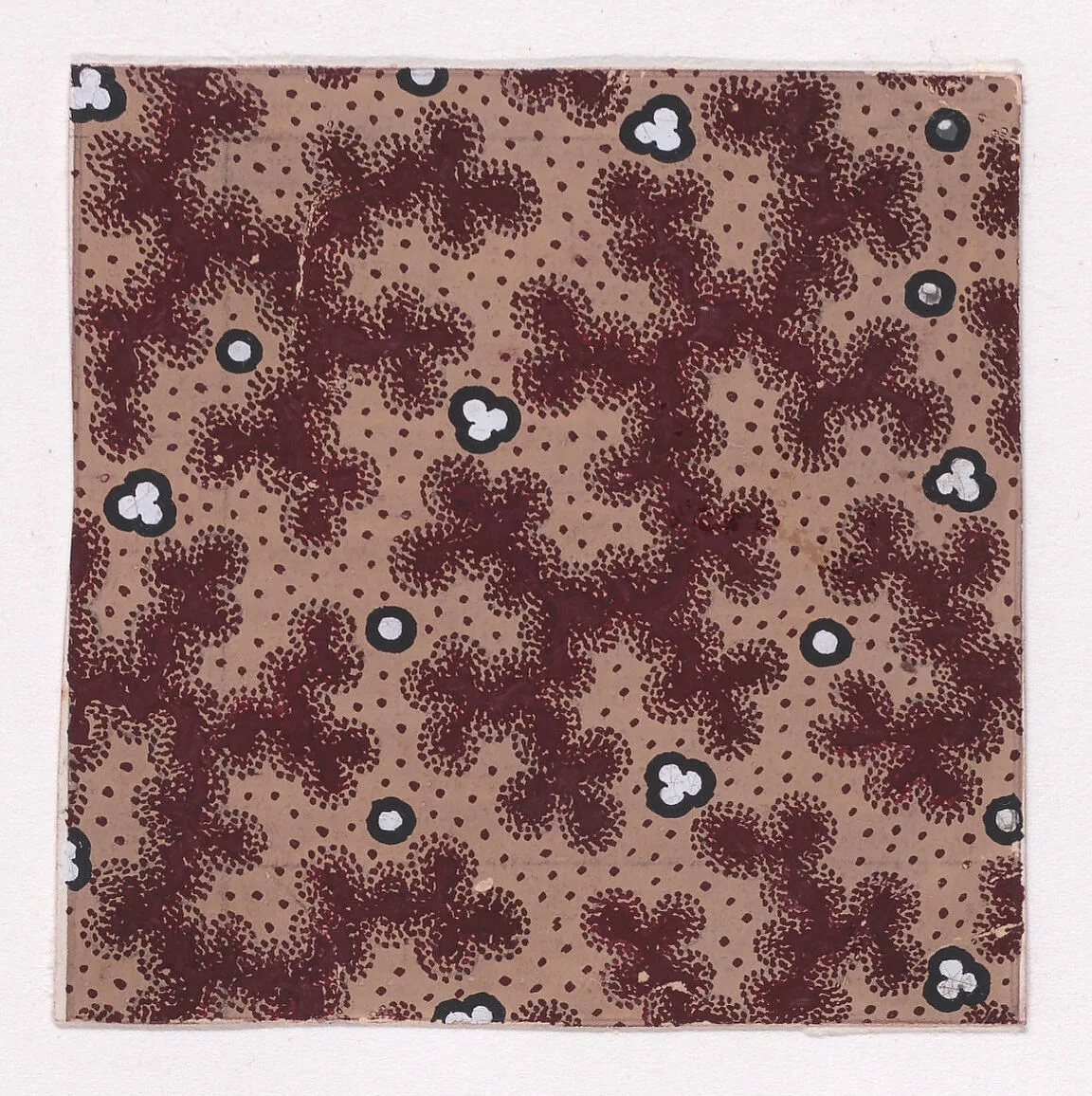 Textile Design with Abstract Bundles of Stylized Leaves and Pearls Over Dotted Background — Anonymous, Alsatian, 19th century