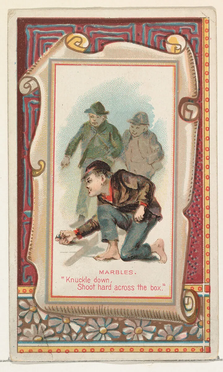Marbles, "Knuckle down, Shoot hard across the box," from the Terrors of America set (N136) issued by Duke Sons & Co. to promote Honest Long Cut Tobacco — W. Duke, Sons & Co.|Knapp & Company