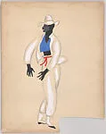 Drawing for a man's theatrical costume with white jacket and trousers over a blue crop top, for 'At Home Abroad', 1935 — Vincente Minnelli