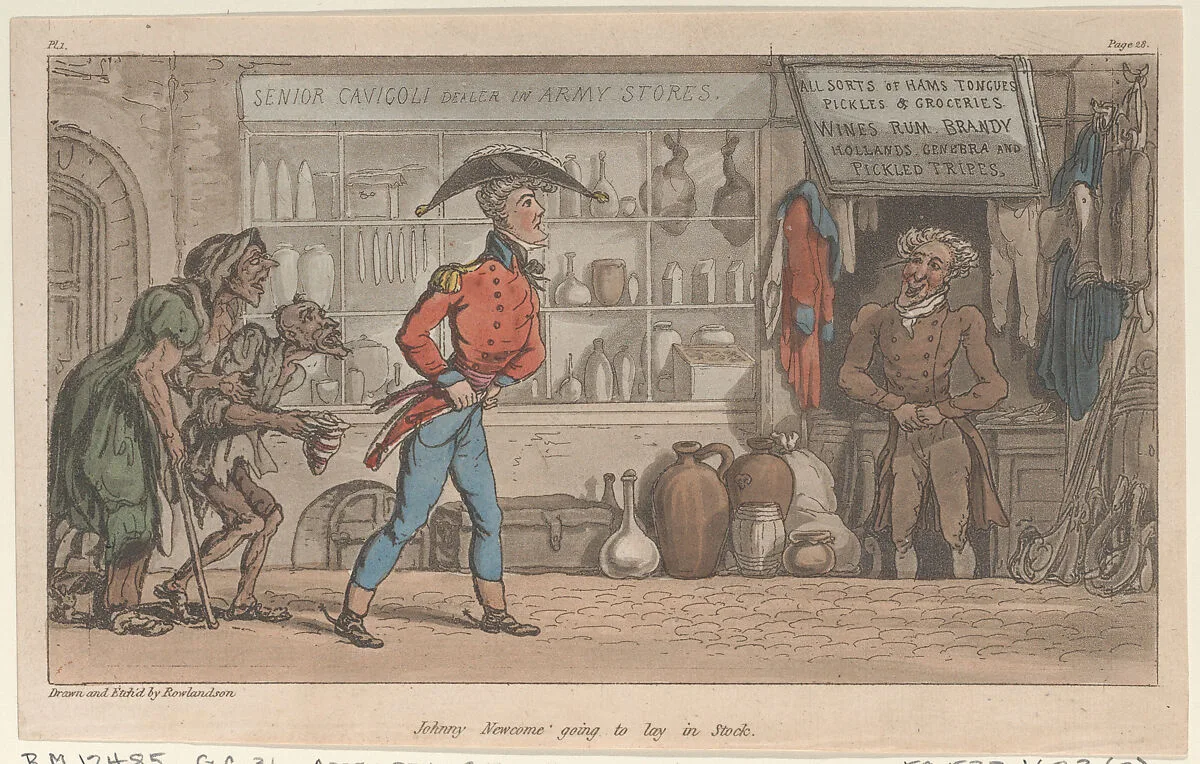 Johnny Newcome going to lay in Stock — Patrick Martin & Co|Thomas Rowlandson
