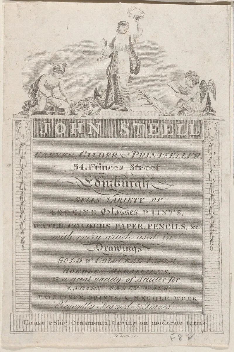 Trade Card for John Steell, Carver, Gilder, and Printseller — Anonymous, British, late 18th–early 19th century