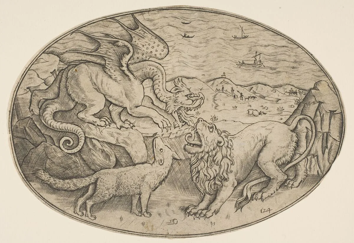 A lion, dragon and fox fighting each other, boats on the sea in the background, an oval composition — Anonymous, Italian, 16th to early 17th century|Marco Dente