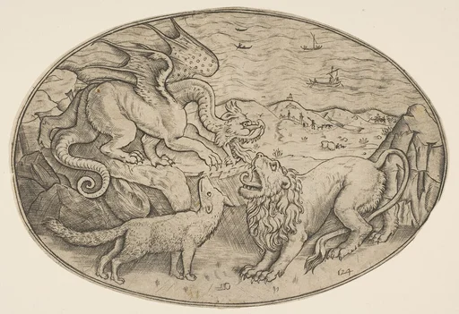 A lion, dragon and fox fighting each other, boats on the sea in the background, an oval composition
