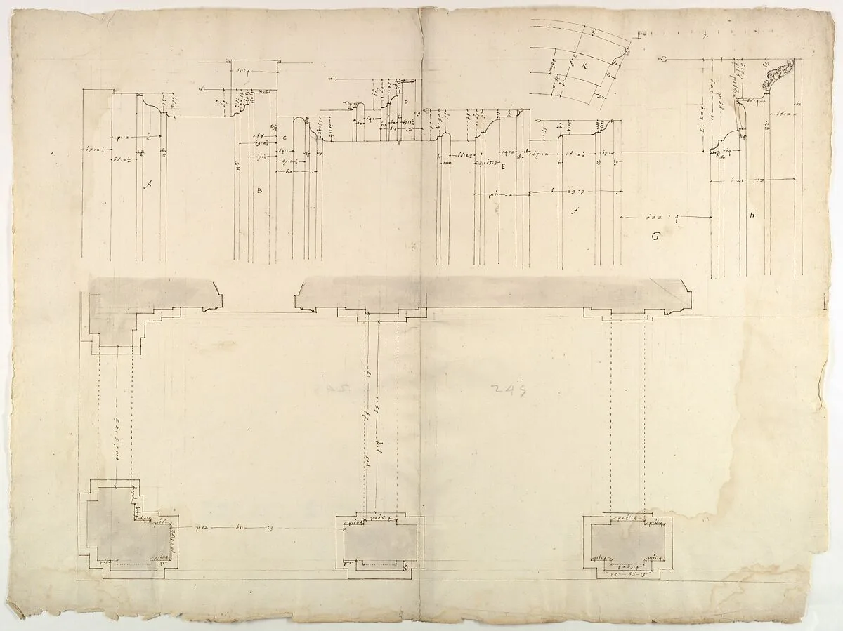 S. Maria in Domnica, portico, plan; details, profile (recto) blank (verso) — Anonymous, French, 16th century