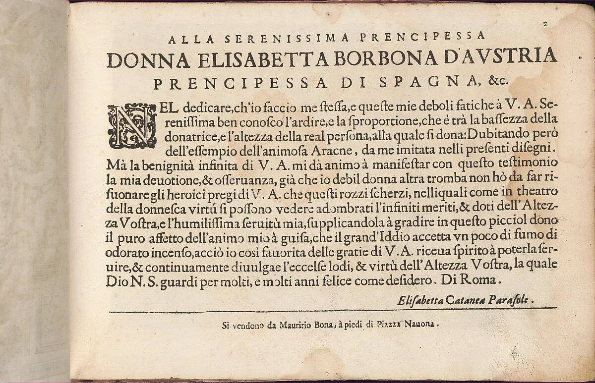 Teatro delle Nobili et Virtuose Donne..., page 2 (recto) — Isabella Catanea Parasole|Mauritio Bona