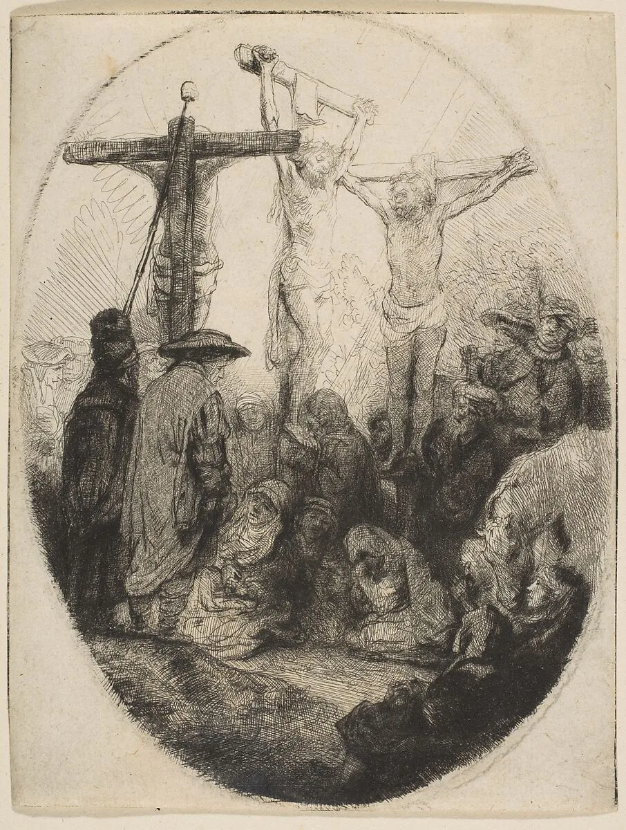 Christ Crucified Between Two Thieves; oval plate — Rembrandt (Rembrandt van Rijn)