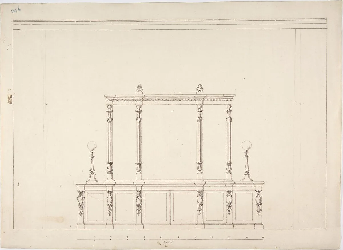 Design for a Cabinet with Renaissance Ornament and Lamps — Anonymous, British, 19th century