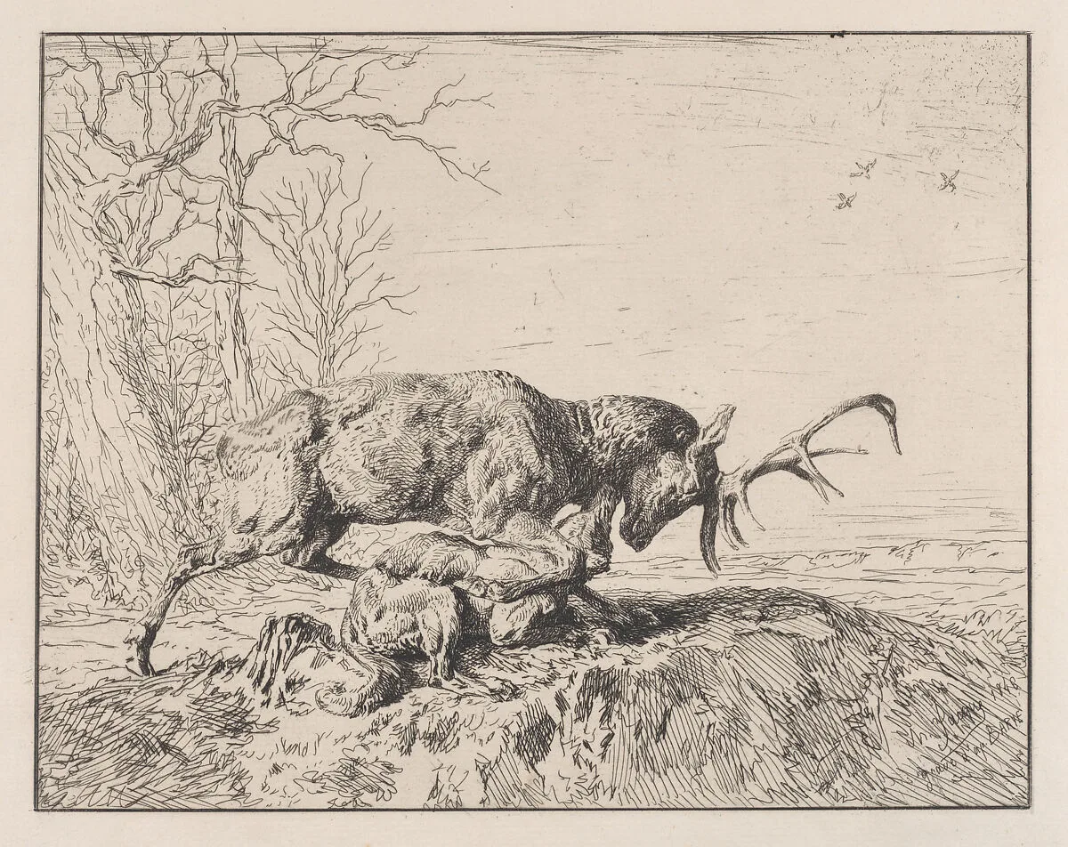 Stag Fighting a Wolf, after Antoine Louis Barye — Charles Jacque|Antoine-Louis Barye