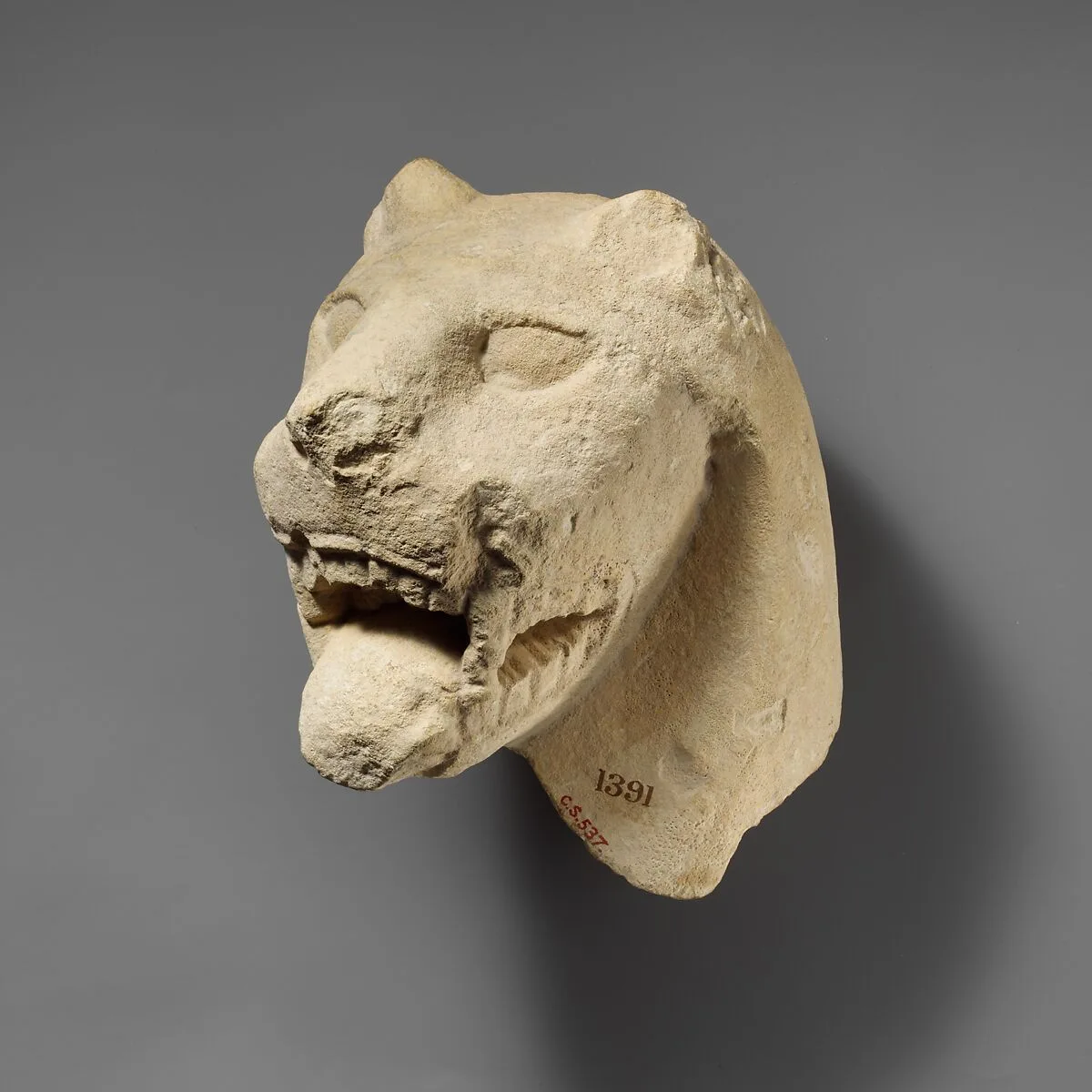 Limestone head of a lion from a votive stele (?) — Unknown