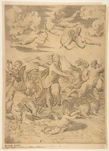 Galatea riding in a shell pulled through the water by dolphins, a cupid below and four more above, at left a triton embracing a nymph and behind them a man on horseback blowing a conch, at right a figure blowing a horn and behind him a nymph riding on a centaur