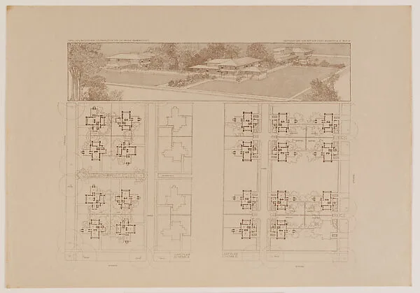 Perspective and plans of Quadruple Block Plan — Frank Lloyd Wright|Ernst Wasmuth