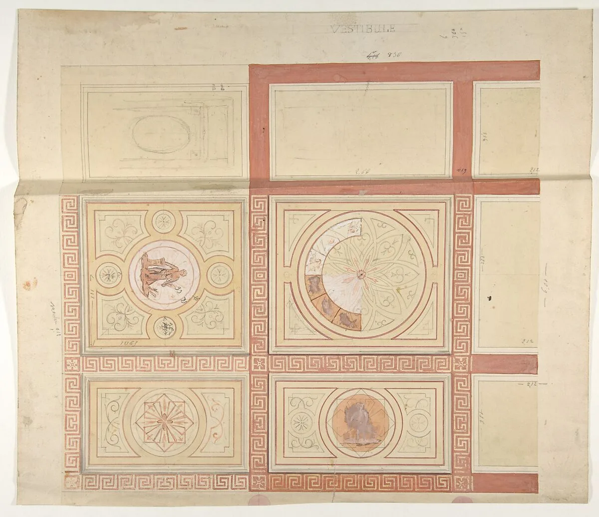 Design for the decoration of the ceiling of a vestibule in painted panels with roman key borders — Jules-Edmond-Charles Lachaise|Eugène-Pierre Gourdet